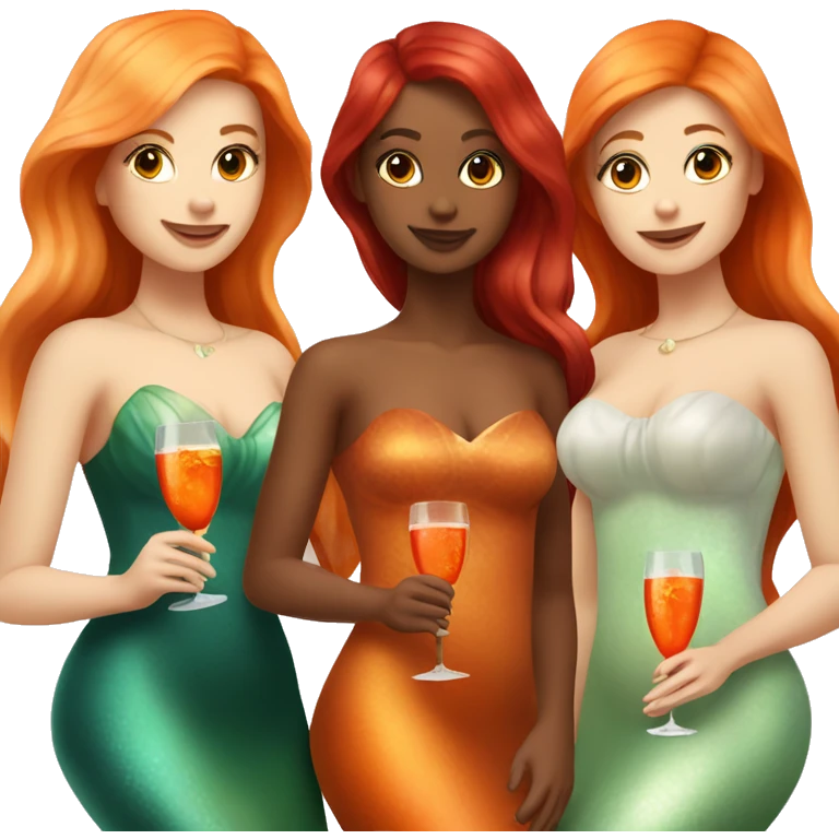 Three beautiful mermaids (one blond, one brown and one red hair) drinking aperol emoji