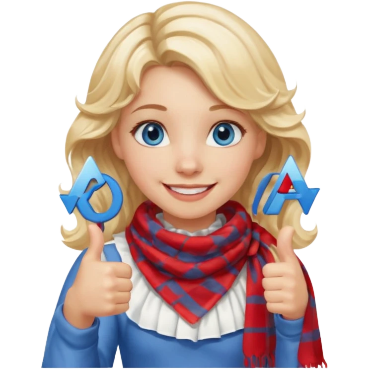Blonde Girl, Blue Eyes, wavy hair, smiling, thumbs up, wearing red Checkered Triangle scarf, white dress emoji