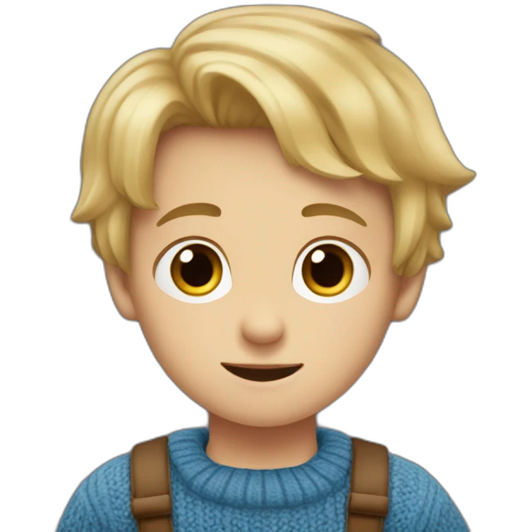 Little boy with blonde hair with brown eyes with a small bobo at the level of the mouth he is dressed in a blue and brown sweater emoji