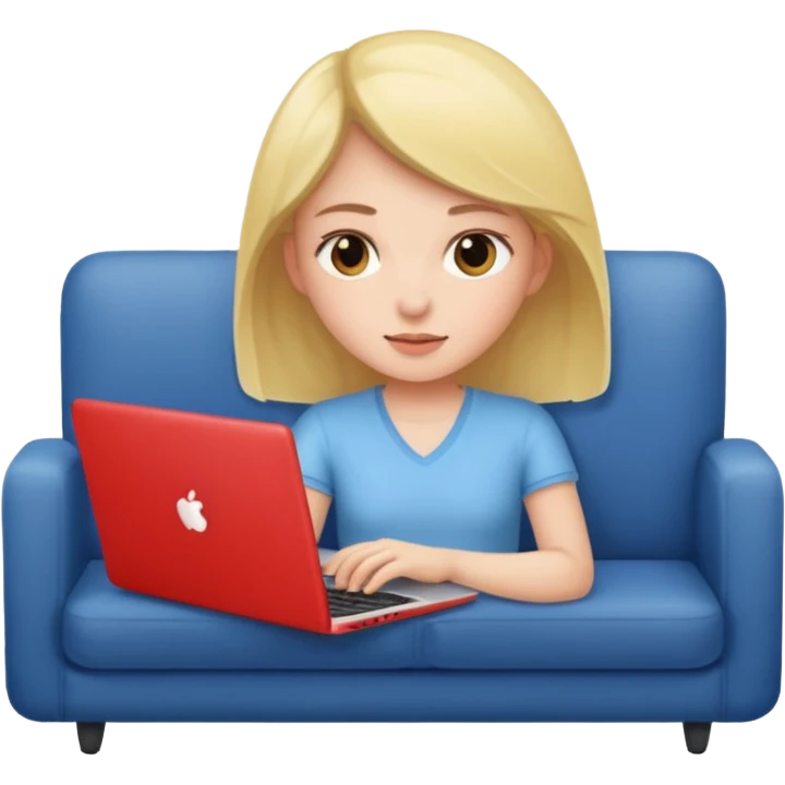 A girl is working with a laptop while lying on the sofa emoji