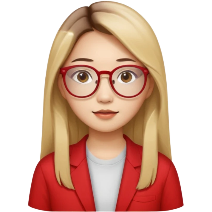 20 yr old asian woman, straight thick long brown hair, blond at ends of hair, center part to hair, big red glasses, brown eyes, casual shirt emoji