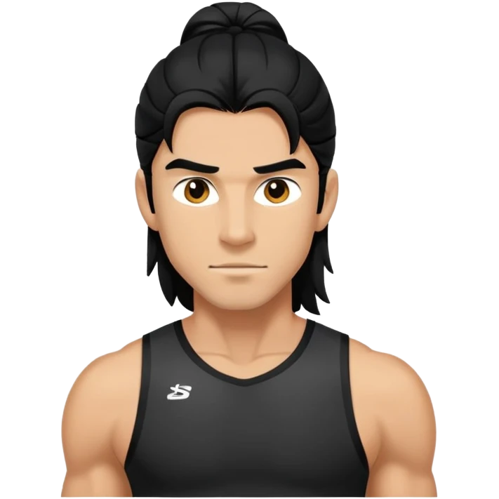 Athletic-looking guy in black sports clothes, long hair. emoji
