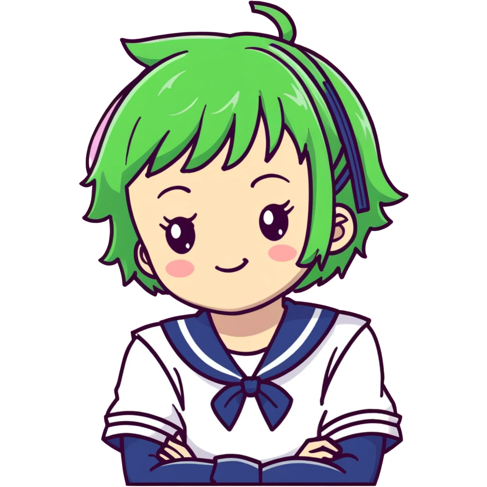 Mischievous anime girl with green short messy hair wearing Japanese sailor style school uniform, smirking and plotting, kawaii style emoji
