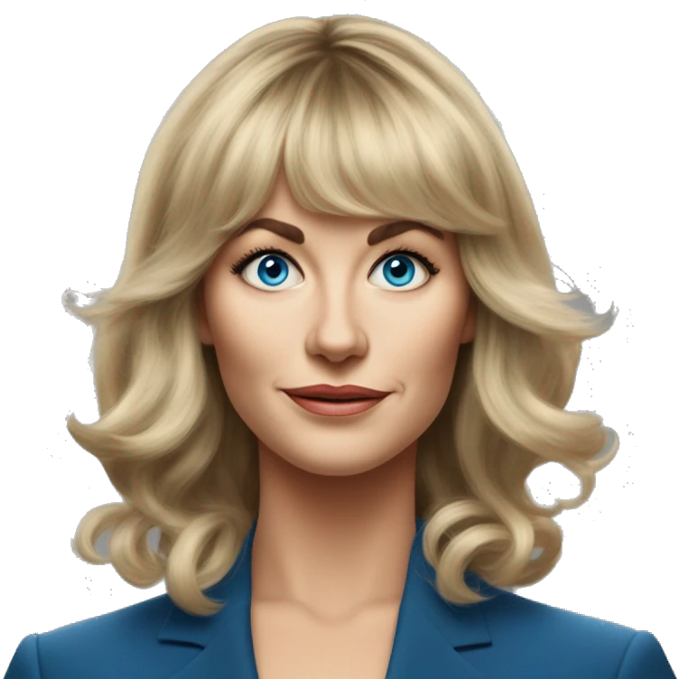 Medium length Dirty blonde poufy hair with bangs all across forehead and sides swept away from face business woman of 60 with blue eyes  emoji
