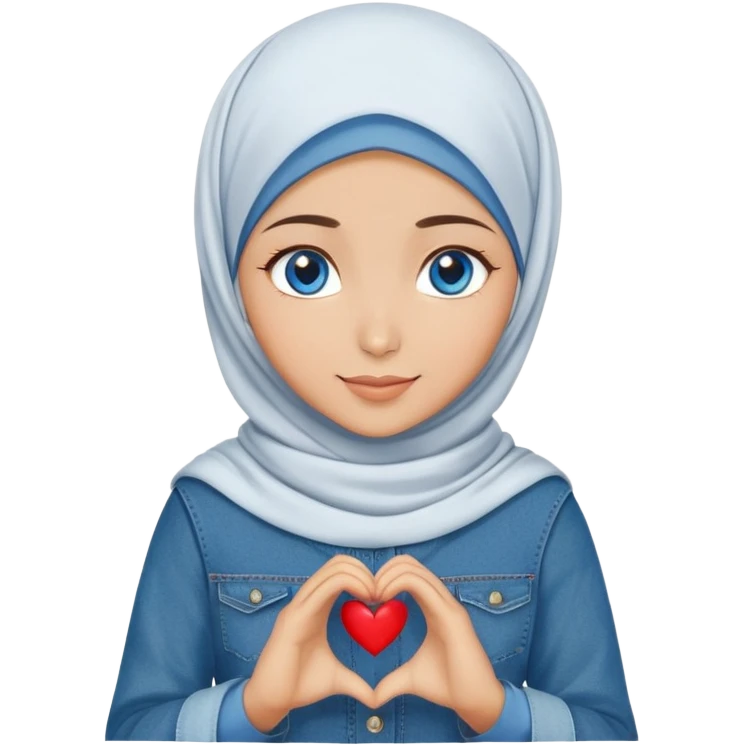 Turkish beautiful finish Konya girl blue eyes with denim hijab islamic dress and making heart with hands and with thank you text emoji