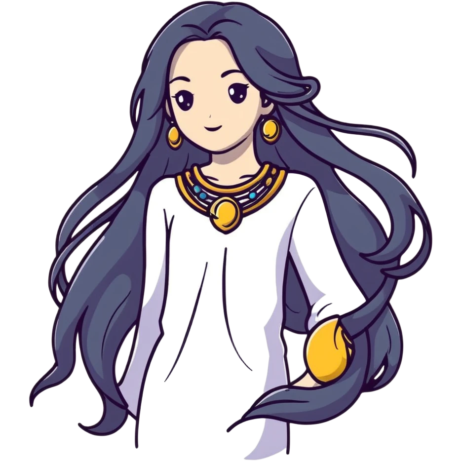 Beautiful fantasy girl with metal jewelry and long flowing hair, mystical princess emoji