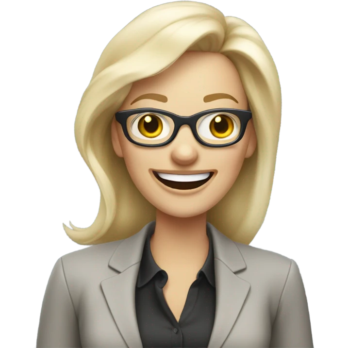 Pale blonde businesswoman wearing glasses on a phone call laughing  emoji