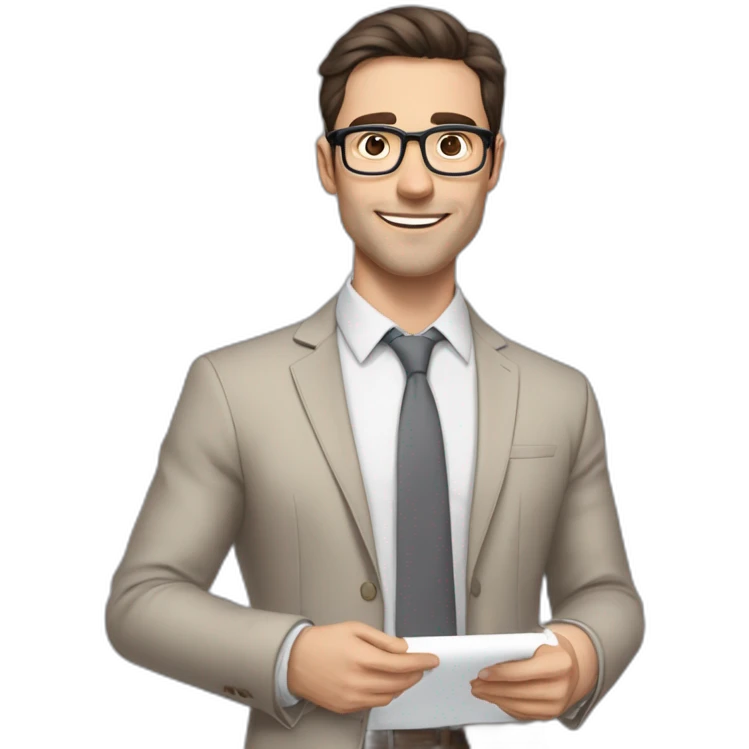 Pale skinned fit man with dark brown hair in gray jacket, beige office shirt, brown tie, brown pants and vintage glasses Writing text on the flipchart emoji