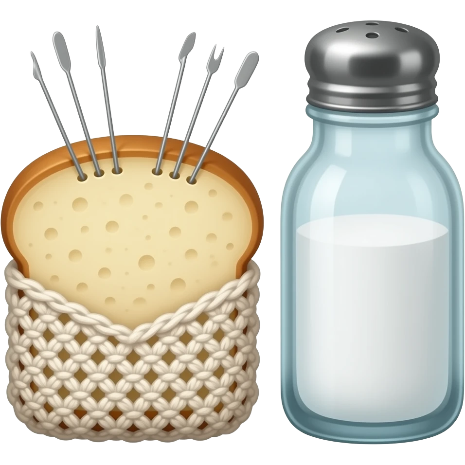 a small cut-out peasant bread wrapped in crocheted fabric with crochet needles sticking out, next to which stands a large glass salt shaker emoji