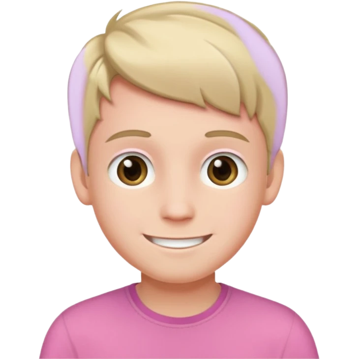 A smiling boy with a pink top and the darkest blonde hair emoji