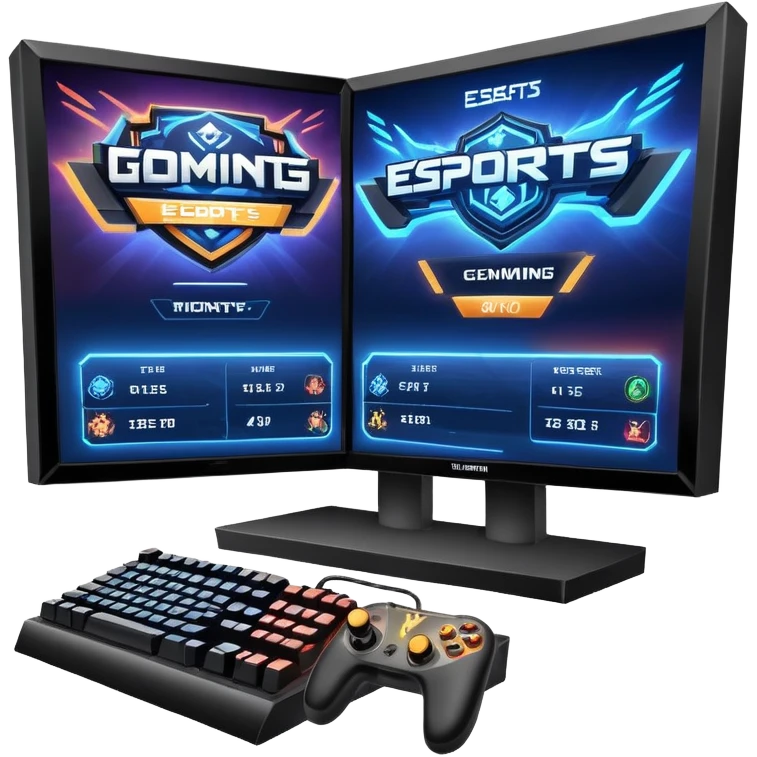 An icon featuring a gaming monitor displaying an intense esports competition, with players' hands on controllers and keyboards. A digital scoreboard and glowing energy lines surround the scene, symbolizing the excitement of competitive gaming. Transparent background highlights the world of esports. emoji
