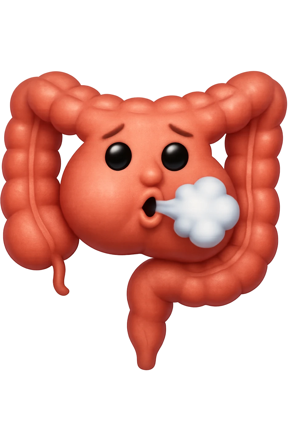 emoji stile iphone di un intestino che ingoia una nuvoletta di aria ben visibile e gli si gonfia la pancia, non fargli il naso, iperrealistico 4k emoji