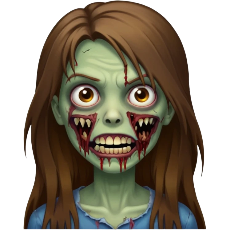 Girl zombie with brown long hair with teeth and serious face IOS style emoji