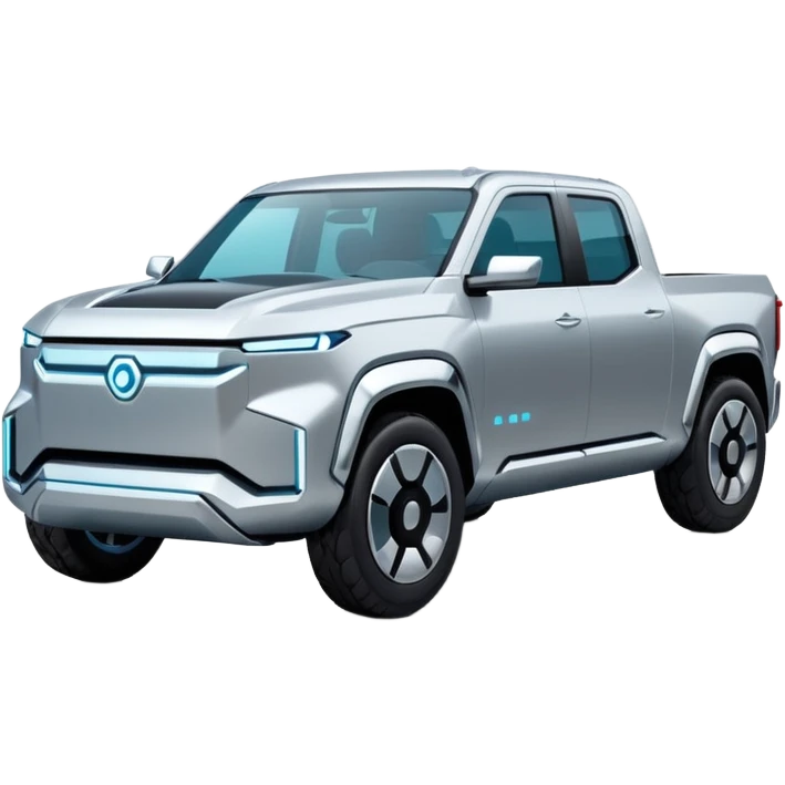 A futuristic electric pickup truck emoji, silver chrome body, angular cyber design, smooth metallic panels, subtle reflections, minimalistic proportions, iOS emoji style, centered composition, clean white background, soft lighting emoji