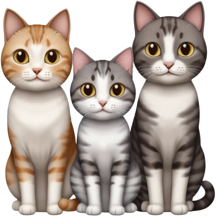 3 different coloured short haired cats including; a dark brown tabby and white cat, and a dark grey and white  emoji
