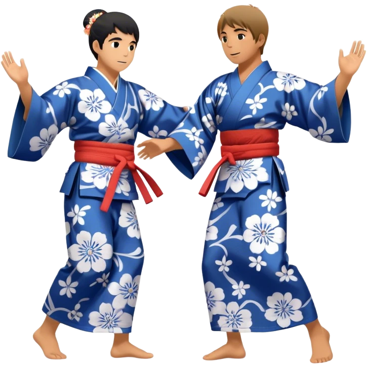 Cinematic Realistic scene of two performers engaging in Bon Odori, dressed in traditional yukata with intricate summer patterns, captured in graceful, rhythmic motion with warm, festive lighting emoji