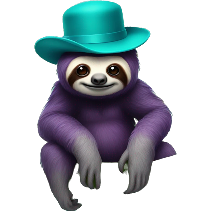 Purple sloth on a banana tree wearing a bowler hat that is turquoise with an evil face  emoji