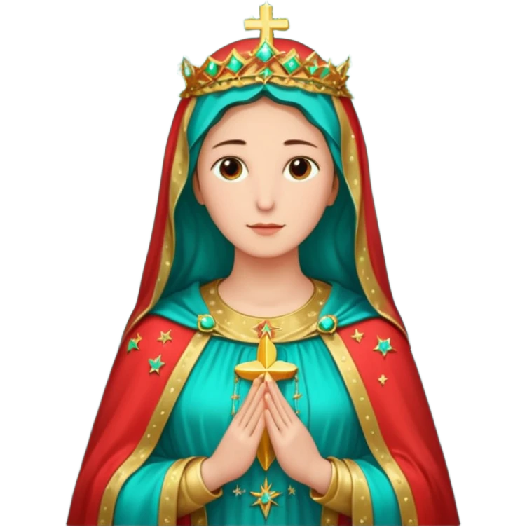 virgen maria catolica con vestido rossa, coral y manto verde turquesa y pequeñas estrellas doradas, dispersas por el manto, muchas estrellas en su manto.con las manos juntas emoji