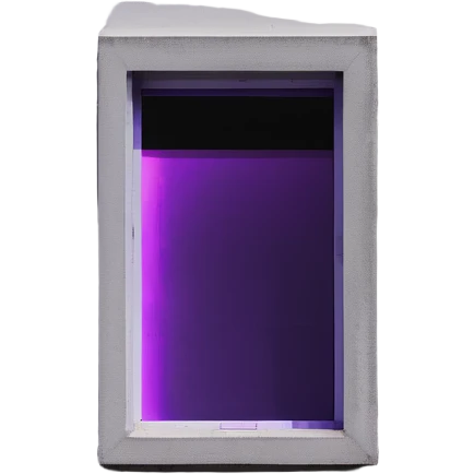 Minimalist gray concrete panel building, slight ghetto vibe, one window with bright purple ultraviolet light for growing plants, simple rectangular shape, stark and bare emoji