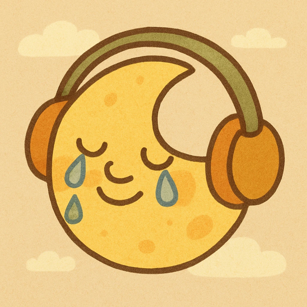 a moon with headphones, tears streaming down its face but smiling, cartoon style, bright and cheerful colors emoji
