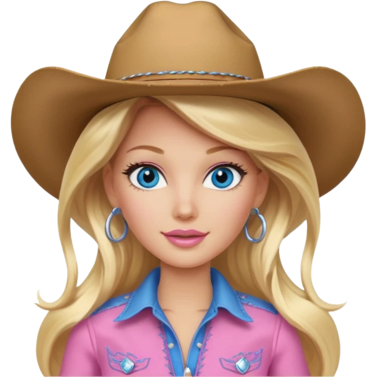 Cowgirl barbie in a pink outfit with cowboy hat with long blonde hair and blue eyes emoji