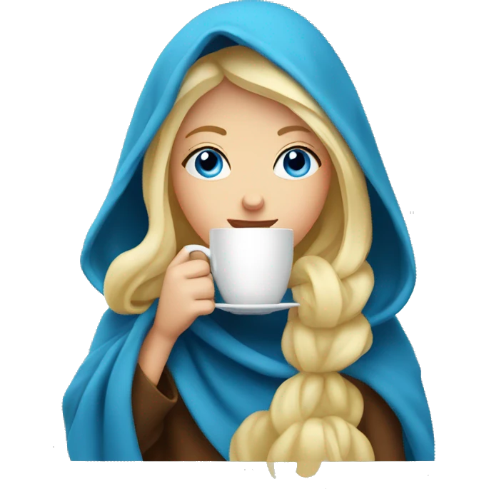 Blonde girl in a blanket sipping coffee with blue eyes emoji