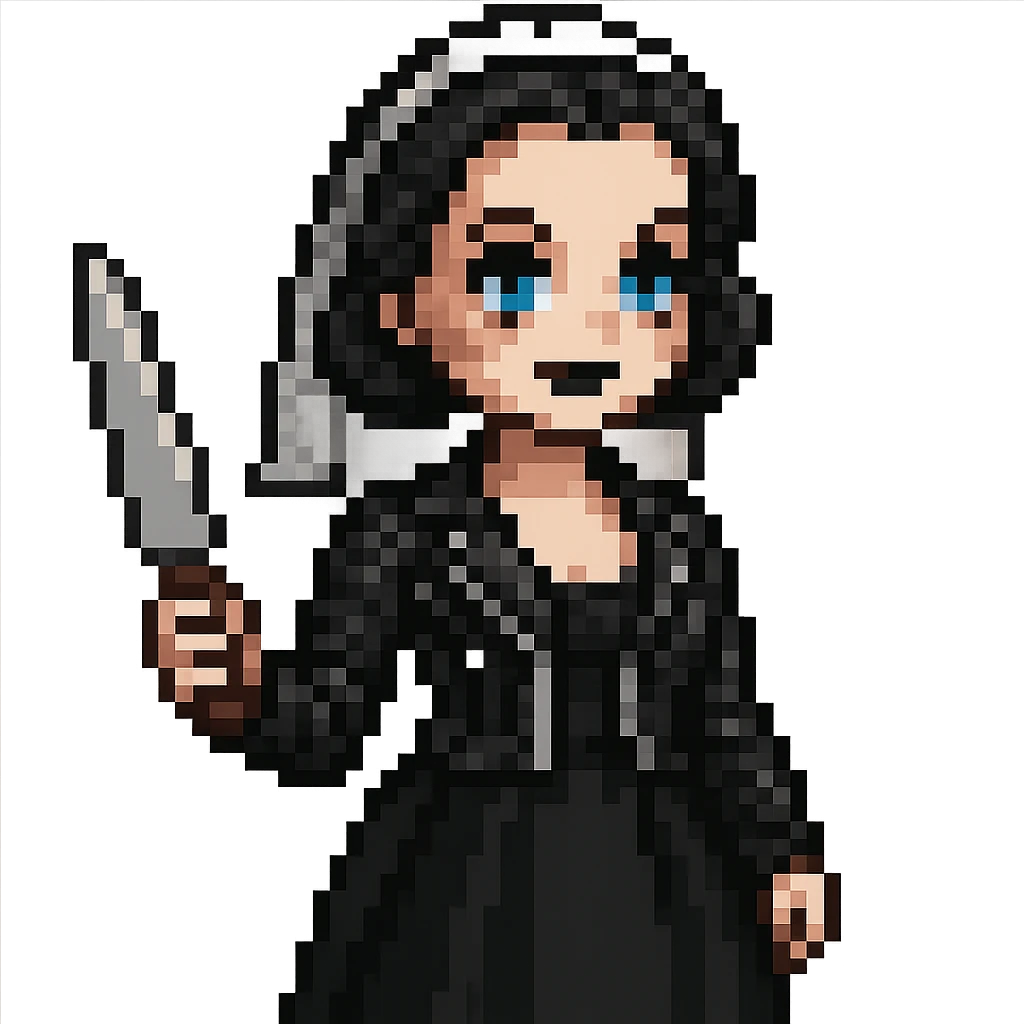 Make Chucky’s bride doll hold a knife, keep her in a black dress and leather jacket with dark makeup, pixel art style emoji