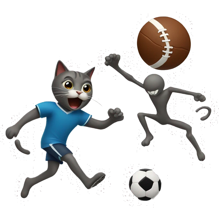 cat playing football and kicking ball to a stickman face emoji