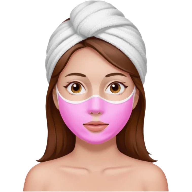 A woman with brown hair, a white towel wrapped around her head. Her face is covered with a pink skincare mask applied to the T-zone and cheeks emoji