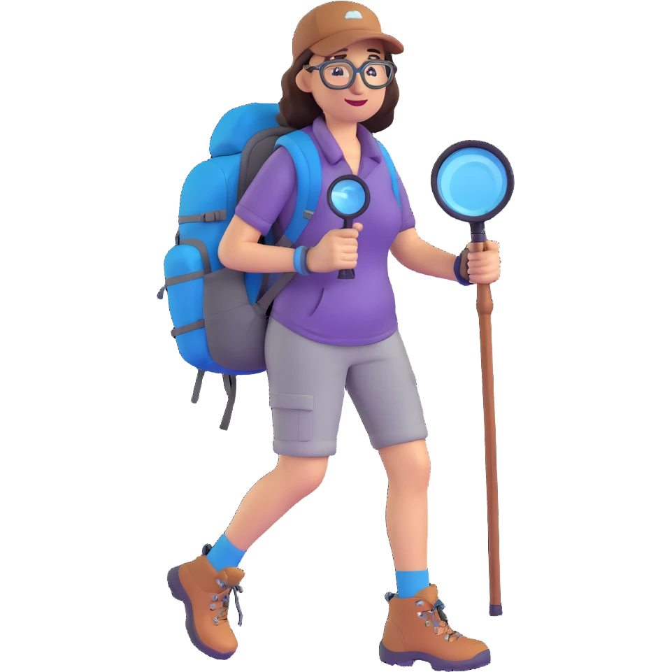 Very happy excited woman in her 40s with glasses wearing sporty outfit, hiking boots, and backpack, holding a magnifying glass emoji