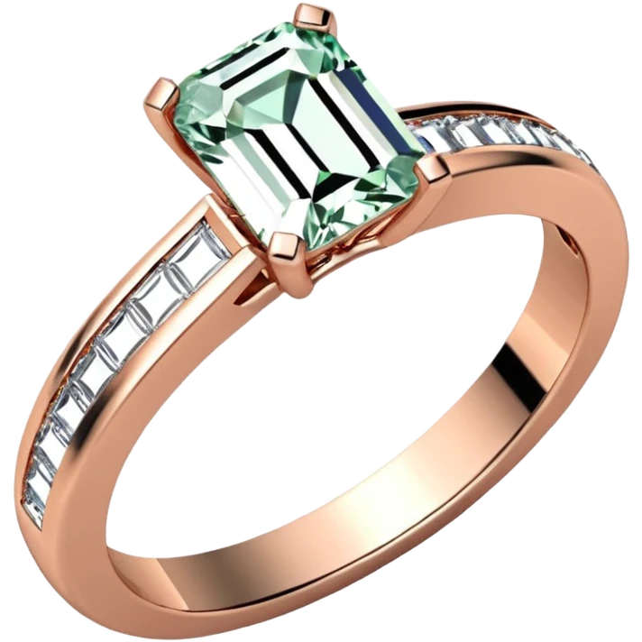 A rose gold, emerald cut diamond engagement ring. The band is a half eternity band emoji