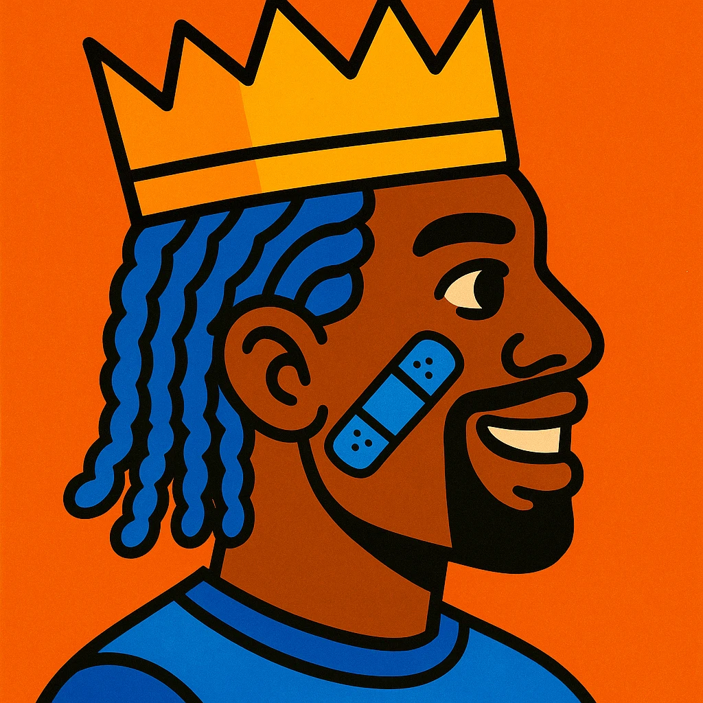 afro man with blue cornrows, gold crown, blue band-aid on cheek, stylized and bold, vibrant toon style emoji