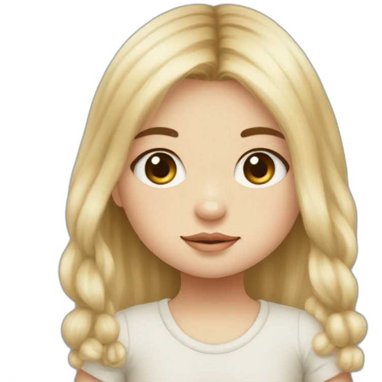 bébé fille blonde décoiffée aux yeux bleus avec une peluche Totoro  emoji
