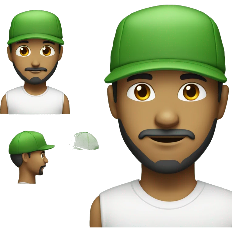 Create a young mixed-race man with a beard and moustache wearing an all-green cap and a white T-shirt emoji