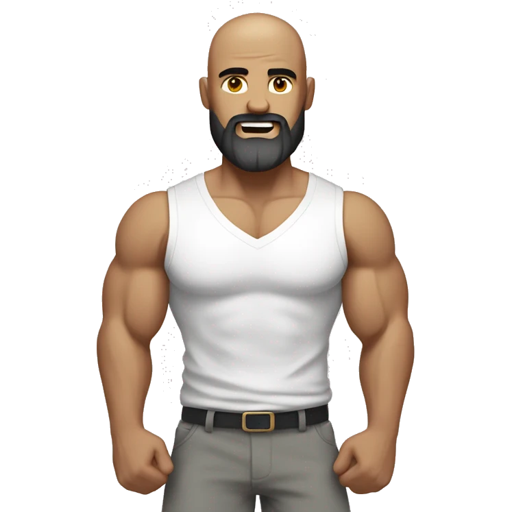 Man flexing muscles in a white shirt and grey shorts, bald, brown beard emoji