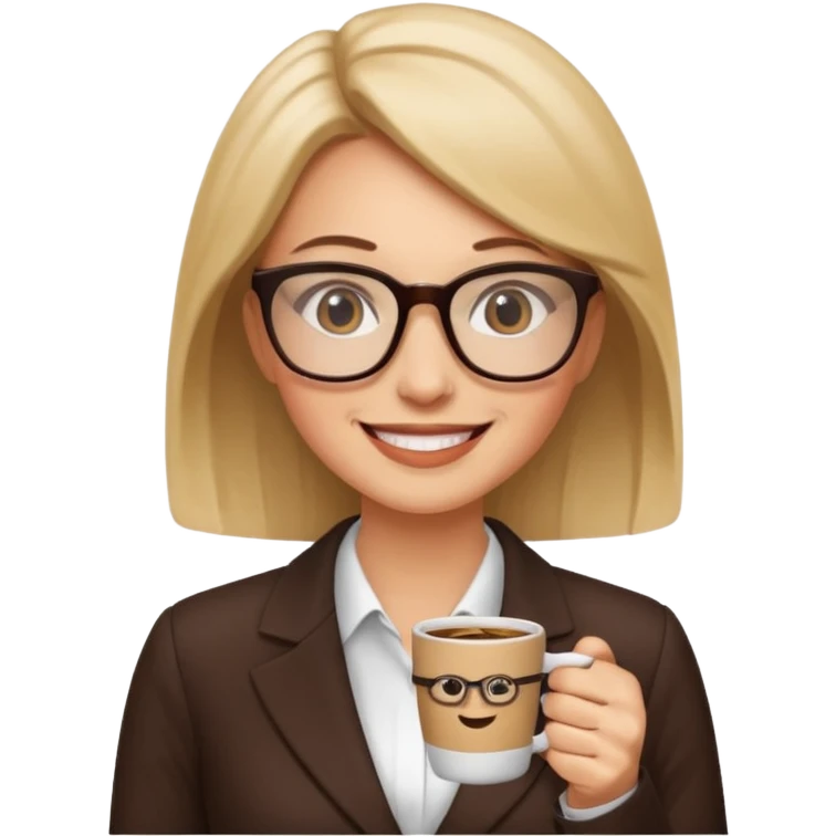 Business woman emoji, wearing glasses, holding a coffee cup emoji