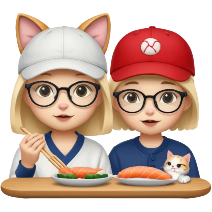cute girl cat wearing glasses and a cute boy cat wearing a baseball cap eating sushi together emoji