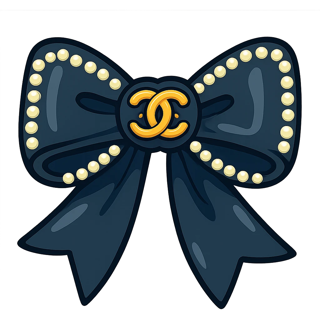 elegant bow with pearls and gold Chanel logo, glossy, monochrome, Vibrant Toon style emoji