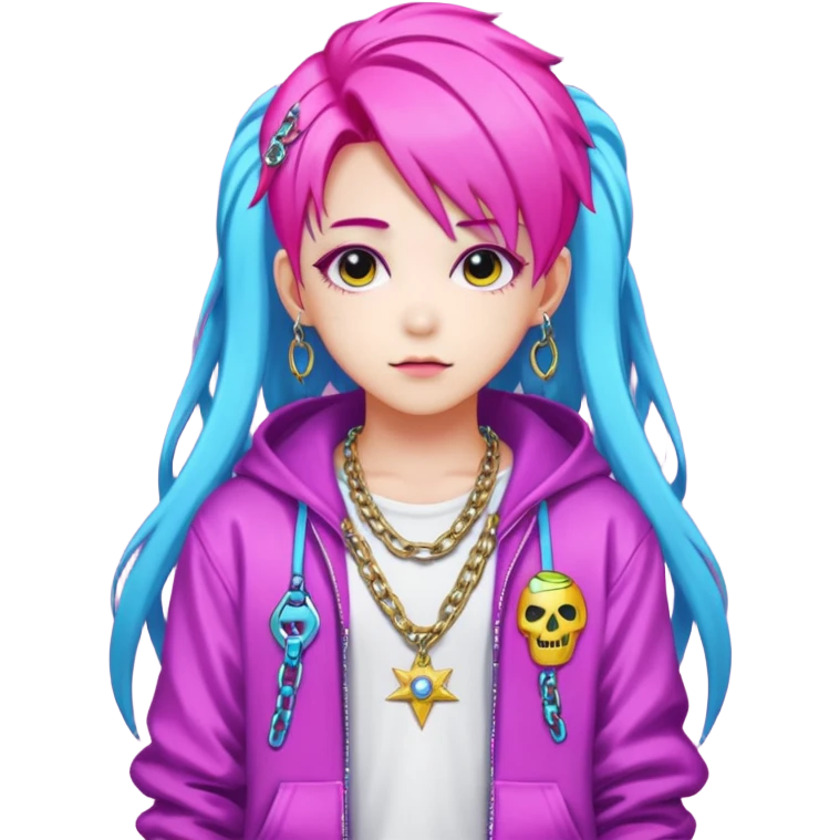  portrait-of-young-ghost-idol-in-kpop-style,-wearing-flashy-streetwear-outfit,-colorful-dyed-hair,-confident-pose,-accessorized-with-chains- emoji