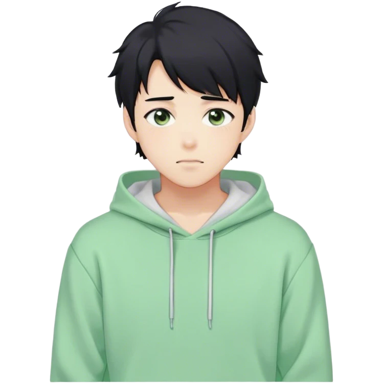 Gorgeous pastel green sweater black hair anime style shojo guy with blushing face and, hoodie, aesthetic, young adult, trending style, outside, vedal987 emoji