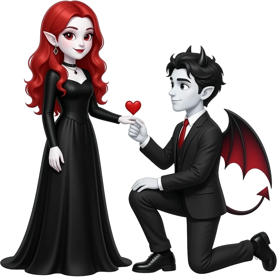 Vampiro femmina ADOLESCENTE con pelle bianca e capelli rosso ondulati lunghi che indossa un vestito nero LUNGO con le maniche lunghe e il suo ragazzo VAMPIRO ADOLESCENTE con la pelle bianca e le scarpe nere si inginocchia e le chiede di sposarlo emoji