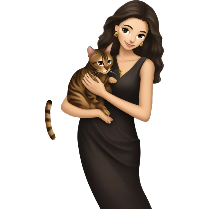 Beautiful skinny woman long dark brown hair in dark dress with gold earrings hug bengal cat emoji