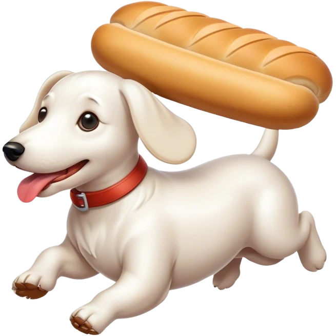 White sausage dog running whit a bread in its mounth emoji
