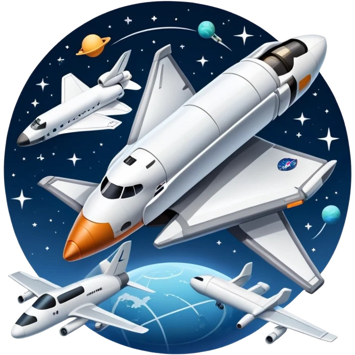 An icon featuring a space shuttle, a drone, and an airplane against a starry sky, symbolizing aerospace technology. The design includes rocket boosters and satellite orbits, representing the exploration of space and advanced aviation. Transparent background emoji