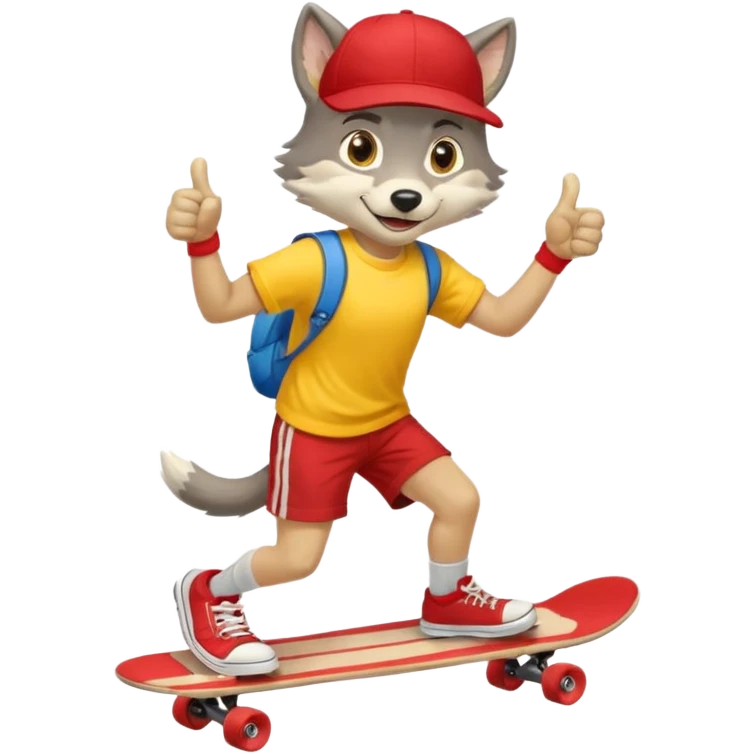 A gray wolf with large, expressive eyes and a friendly smile. The gray wolf is wearing a bright yellow T-shirt, red shorts, white knee socks, and sneakers. The baseball cap is worn backwards. The wolf holds a skateboard in one hand and gives a thumbs-up with the other, a confident and cheerful pose. emoji