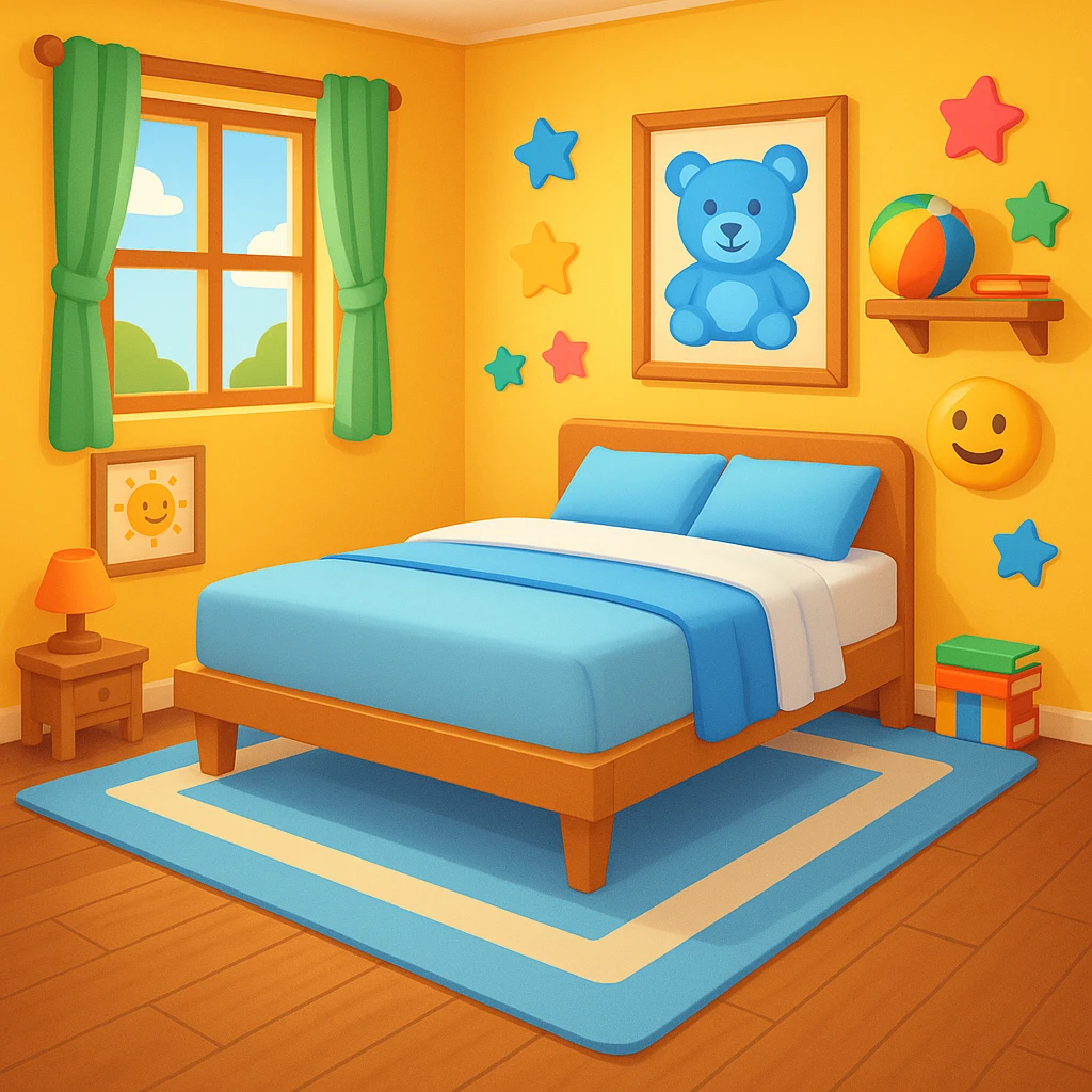 Add a colorful bedroom background with bright walls, playful decorations, and a cozy rug. Keep the room tidy and inviting in emoji style emoji