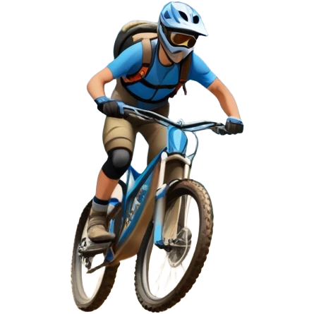 A thrilling downhill mountain biking scene! A rider in full gear speeds down a steep rocky trail, kicking up dust. The rugged mountain landscape surrounds them, with towering peaks, evergreen trees, and a bright blue sky. The rush of adventure is in the air. Transparent background. emoji