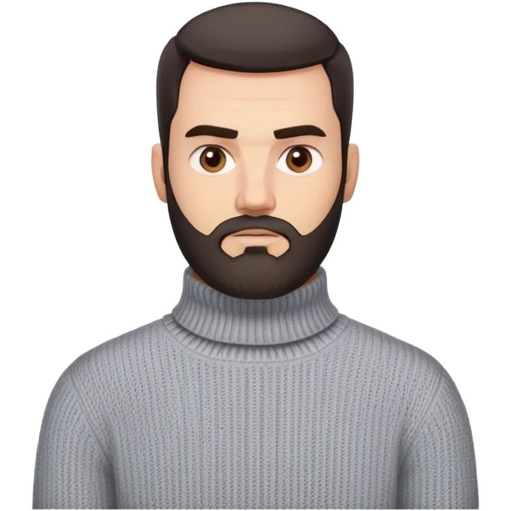 Man with square face, trimmed full beard, thick eyebrows, short dark hair combed back. Serious-neutral expression. Light gray thick knit sweater with folded collar. emoji