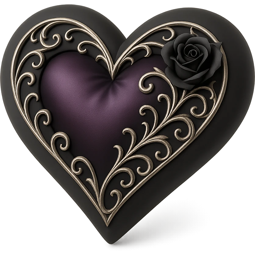 gothic heart in 3D black style, deep purple satin, silver filigree, black rose accent, elegant and moody emoji