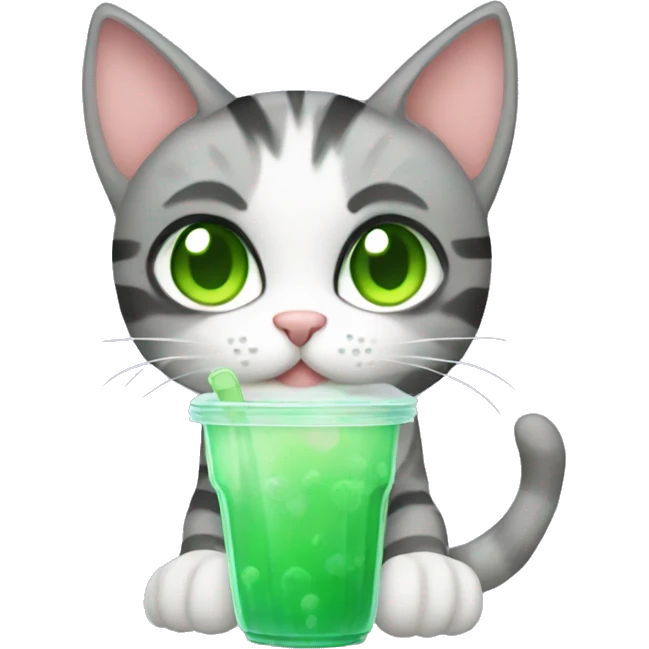 A striped grey cat with green eyes drinking boba emoji